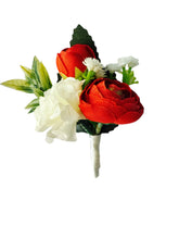 Load image into Gallery viewer, TXV Mart Red Ranunculus & White Carnation Boutonniere | Elegant Wedding Accessory | Elegant Red and White Floral Boutonniere for Groomsmen-TXV Mart