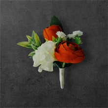 Load image into Gallery viewer, TXV Mart Red Ranunculus & White Carnation Boutonniere | Elegant Wedding Accessory | Elegant Red and White Floral Boutonniere for Groomsmen-TXV Mart