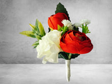 Load image into Gallery viewer, TXV Mart Red Ranunculus & White Carnation Boutonniere | Elegant Wedding Accessory | Elegant Red and White Floral Boutonniere for Groomsmen-TXV Mart