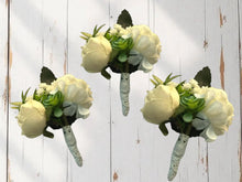 Load image into Gallery viewer, TXV Mart White & Cream Boutonniere | Rustic Wedding Flowers | Artificial Rose | Groom Boutonniere | Realistic Flowers | Rustic Style-TXV Mart