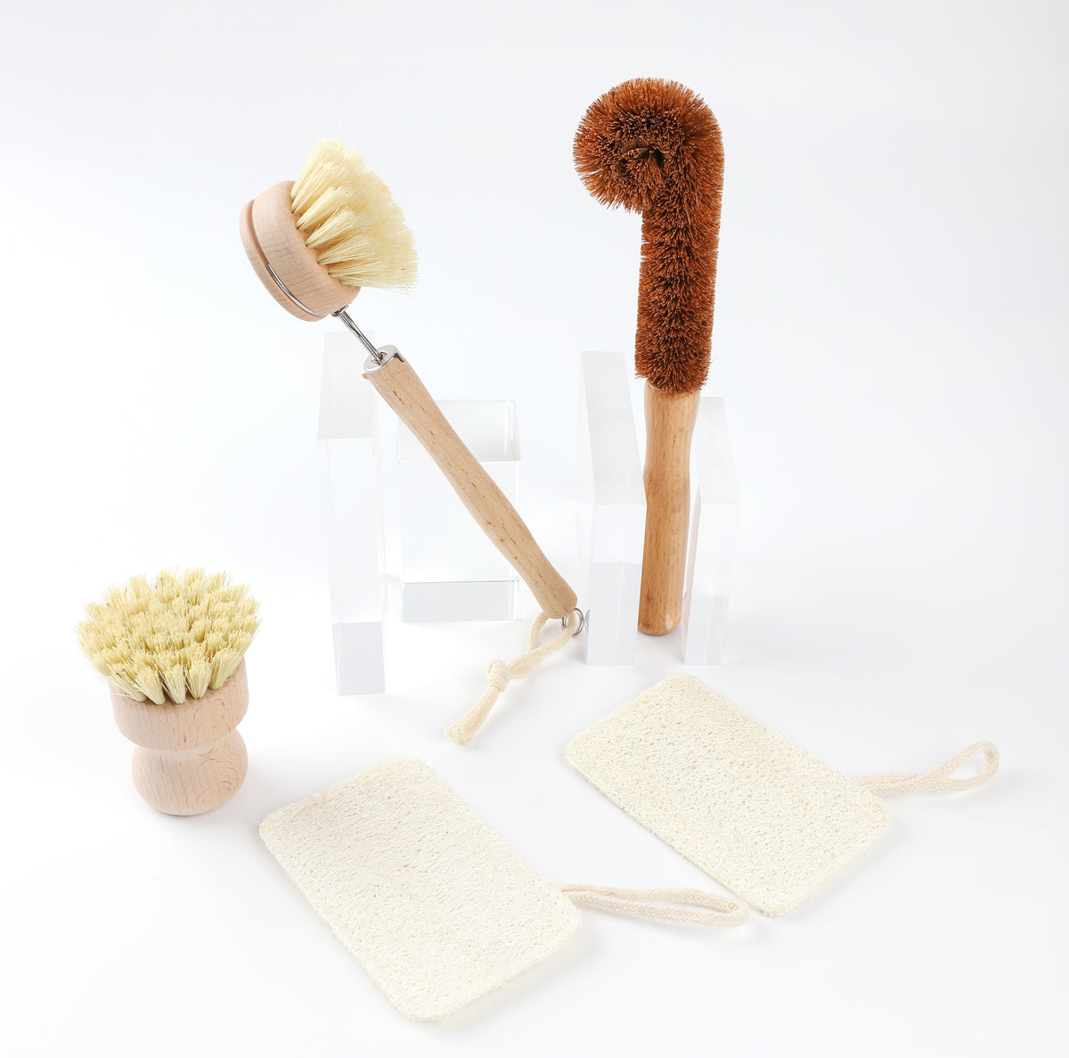 Wooden Dish Brush & Eco Sponge Set - Eco Friendly Cleaning Products -  Low-Waste Wooden Dish Washing Brush - Dish Brush Set with 3 Replacement  Heads 