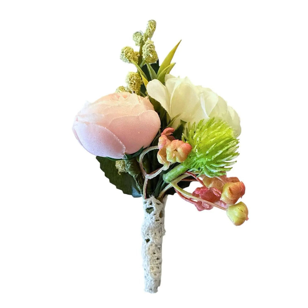 TXV Mart Wedding Boutonniere For Men | Groom Boutonniere | Pink Ranunculus White Hydrangea Boutonniere | Rustic Boutonniere-TXV Mart