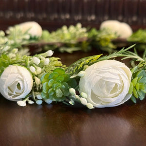 TXV Mart White Ranunculus Flower Crown – 22" Full Circle Boho Halo with Greenery & Faux Succulents – Bridal or Flower Girl Headpiece-TXV Mart