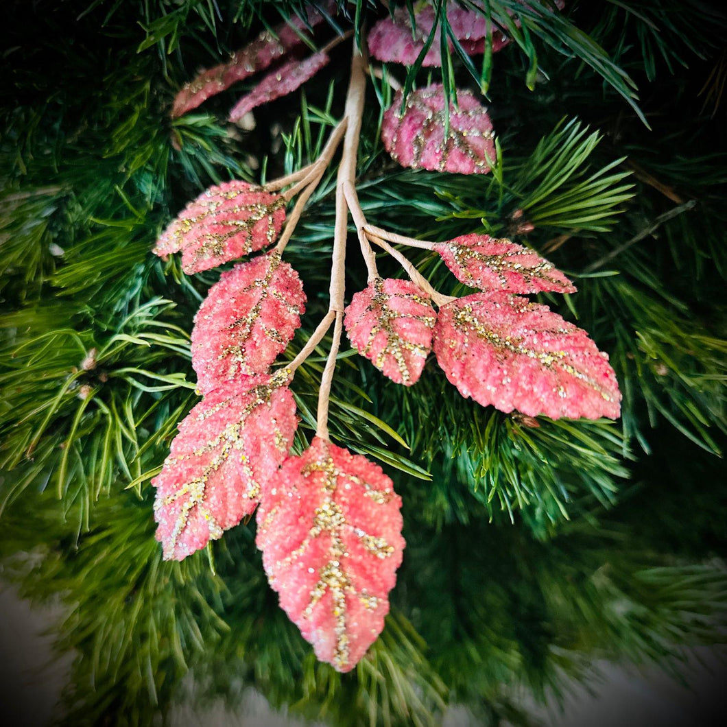 Rose Leaves Spray | Glitter Leaf Pick | Sparkly Pink Accent for Wreaths, Garlands & Holiday Decor-TXV Mart