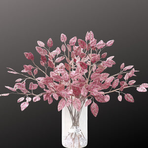 Rose Leaves Spray | Glitter Leaf Pick | Sparkly Pink Accent for Wreaths, Garlands & Holiday Decor-TXV Mart