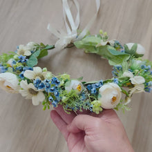 Load and play video in Gallery viewer, TXV Mart Romantic 22&quot; White  Blue Flower Crown | Handmade Floral Headpiece for Weddings, Photoshoots, Festivals
