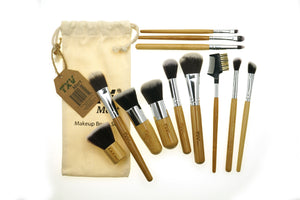 TXV Mart Professional Wooden Makeup Brush Set 12 Pieces with Travel Pouch | Bamboo Handles with Premium Ultra Soft Synthetic Bristles | Foundation Concealer Powder Eye Make up Brush Kit-TXV Mart