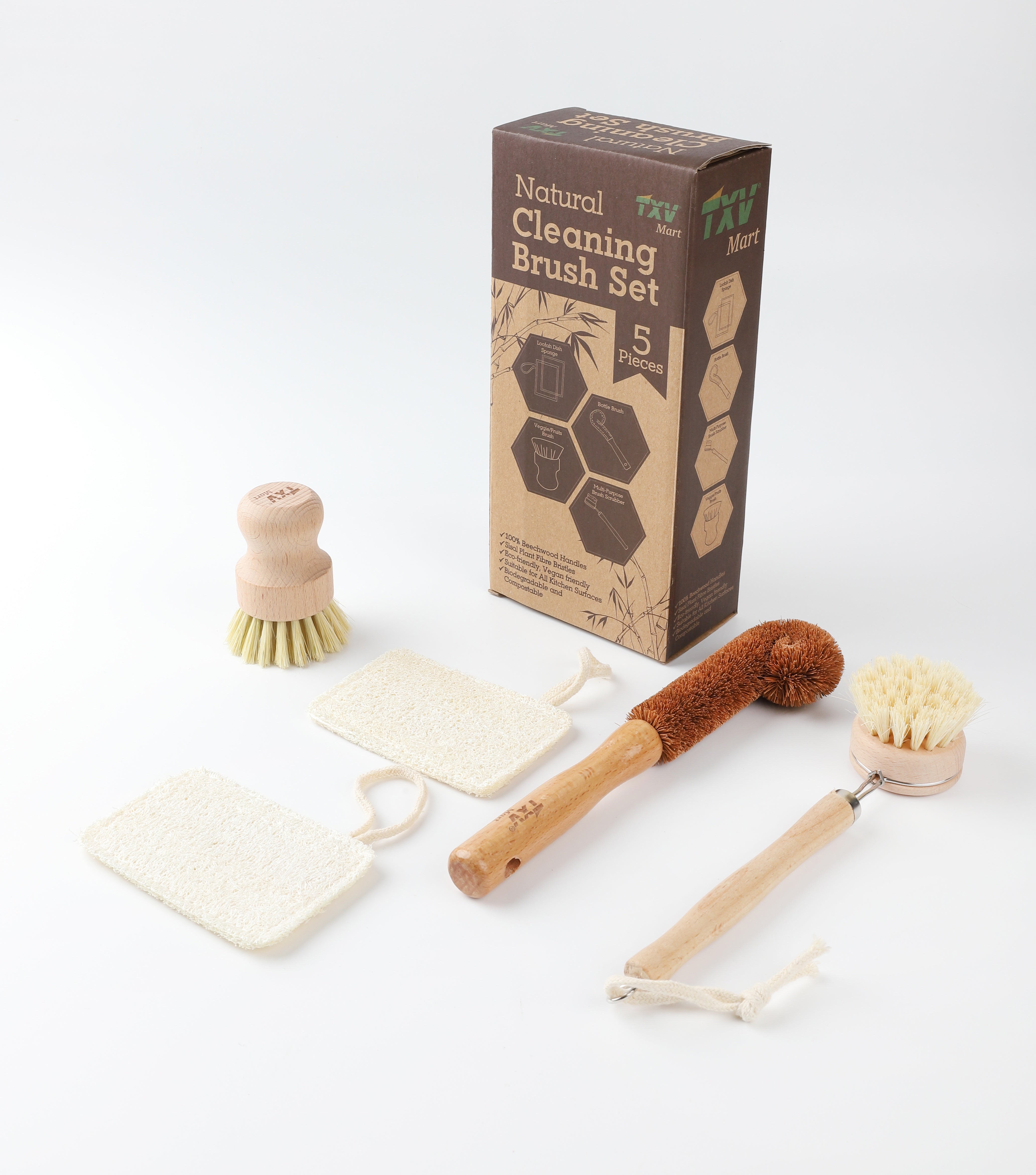 Cerem-organic Wooden Kitchen Supplies, Dish Food Sink Scrub Brush Set 5 Pieces, Beige