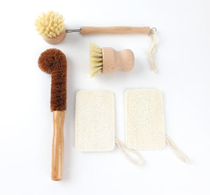 TXV Mart Eco-friendly Natural Wooden Kitchen Cleaning Brush Set, 5 piece, Wooden Dish Cleaning Brush Set, Loofah Dish Sponges, Dish and Bottle Scrubber Brushes-TXV Mart