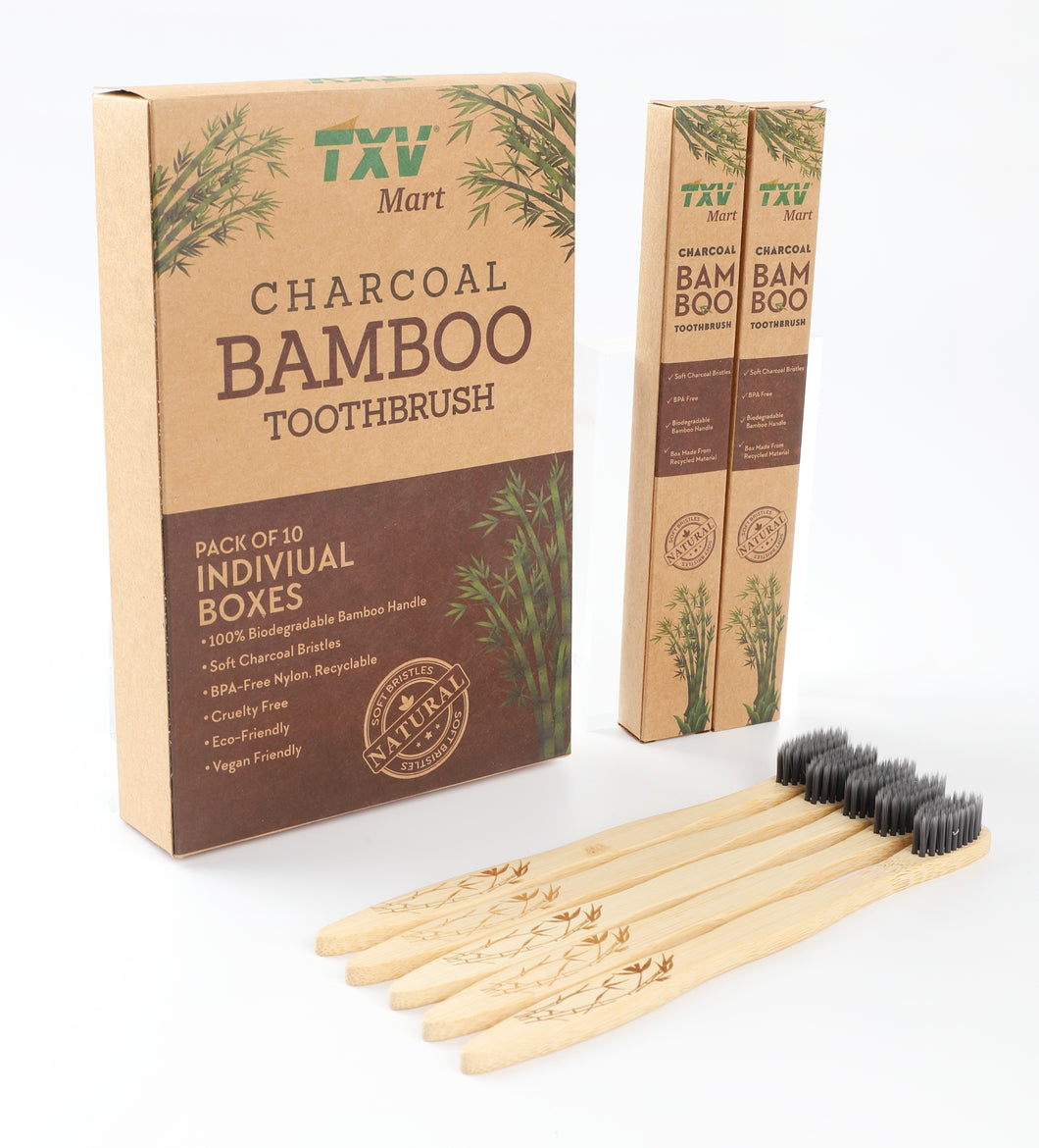 TXV Mart | Eco-friendly Natural Charcoal Bamboo Toothbrush | BPA Free Biodegradable Handle (Pack of 10 individual boxes)-TXV Mart