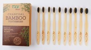 TXV Mart | Eco-friendly Natural Charcoal Bamboo Toothbrush | BPA Free Biodegradable Handle (Pack of 10 individual boxes)-TXV Mart